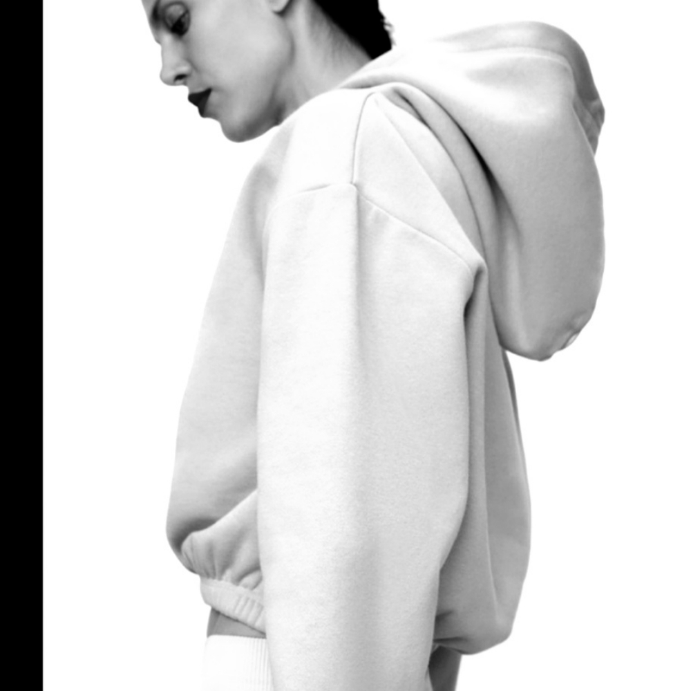 Zara NWT Crop Elastic Waistband Hoodie White Sz M